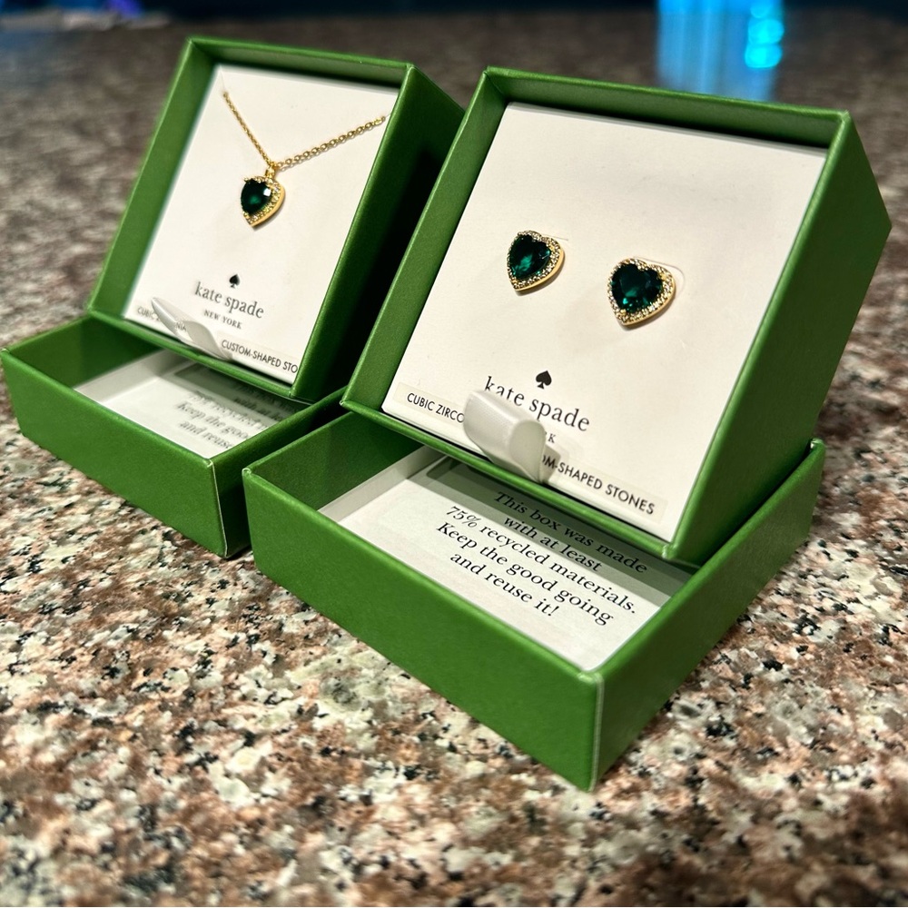 Kate Spade ♠️ SET Studded Earrings & Necklace MY LOVE Pavé - Emerald & Gold - Picture 2 of 6